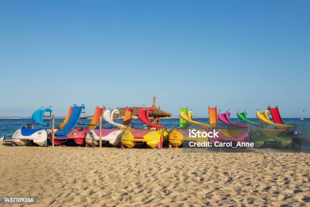 Bright Colorful Pedal Boats With Water Slides At The Beach In Magaluf Majorca Spain Stock Photo - Download Image Now