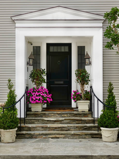 traditional style home with a greek revival facade - door symmetry wood closed imagens e fotografias de stock