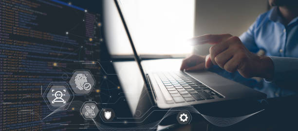 istock Cyber security and data protection. Man using laptop protecting business and financial data with virtual network connection, smart solution from cyber attack, innovation technology. 1437114138