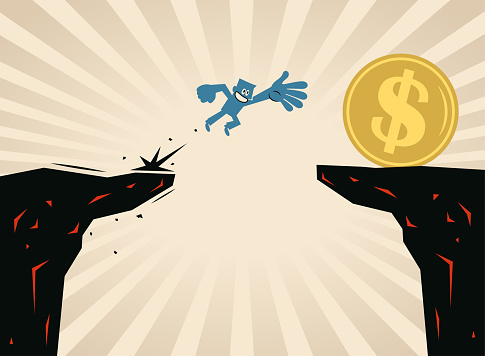 Blue Cartoon Characters Design Vector Art Illustration.
A man jumping through the gap to achieve his financial goals.