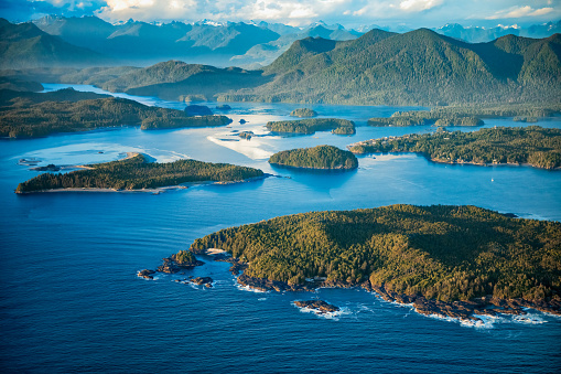 Tofino aerial shot with Clayoquot Sound, Vancouver Island, BC Canada