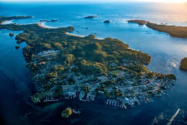 Aerial shot of downtown Tofino, Vancouver Island, BC Canada
