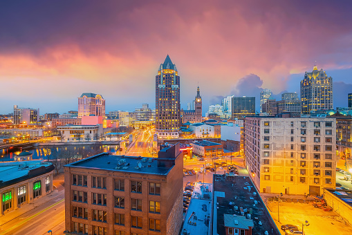 Downtown Milwaukee city skyline cityscape of Wisconsin in USA at sunset