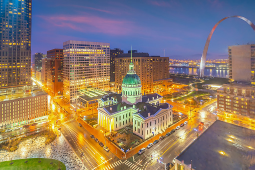 Downtown St. Louis city skyline cityscape of  Missouri in USA at twilight