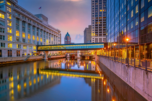 Downtown Milwaukee city skyline cityscape of Wisconsin in USA at sunset