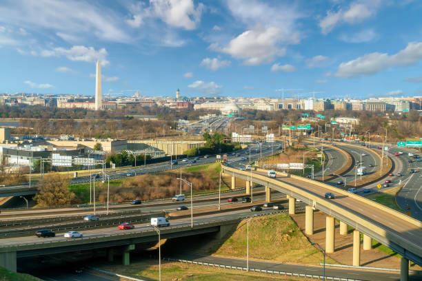 Washington, D.C., city skyline with Lincoln Memorial, Washington Monument and Thomas Jefferson Memorial stock photo