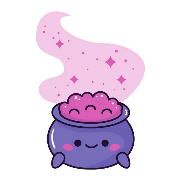 Vector illustration of Kawaii witch cauldron with pink potion on white background.