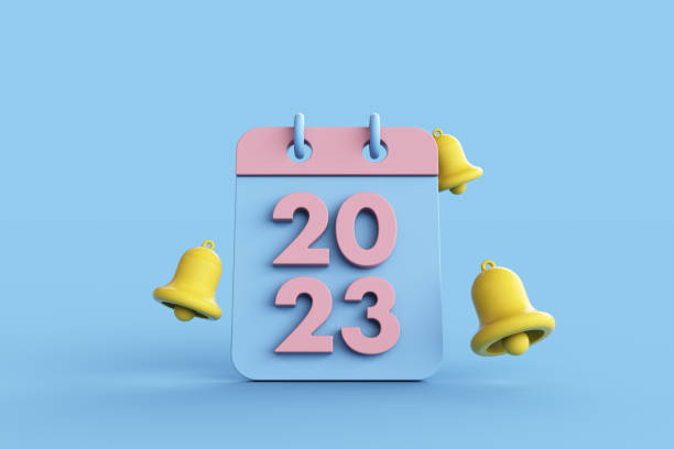 new year resolution 2023. yellow notification bell ringing and calendar deadline on blue background. 3d rendering. - determination new years eve list aspirations imagens e fotografias de stock