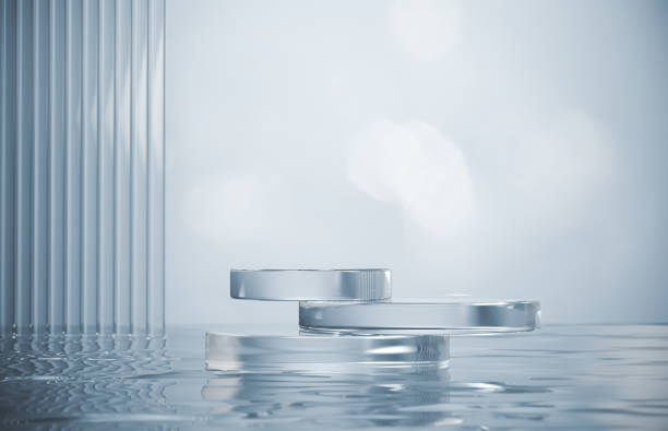 istock blue water surface with Podium, 3d scene with podium for cosmetic product display. 3d rendering. 1437141556