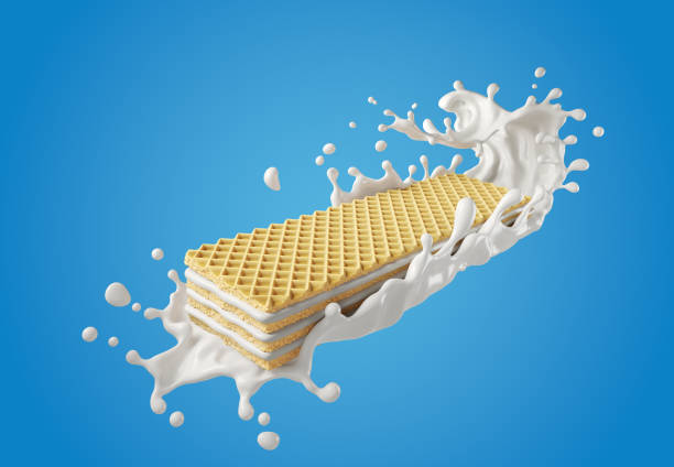 istock crispy wafer with Milk Splash, Waffle isolated on background with Clipping path 3d illustration. 1437141637