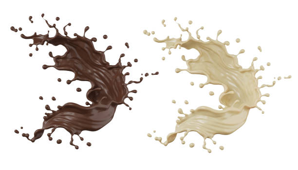 istock Chocolate splash, dark and white Chocolate pouring, Include clipping path. 3d illustration. 1437141699