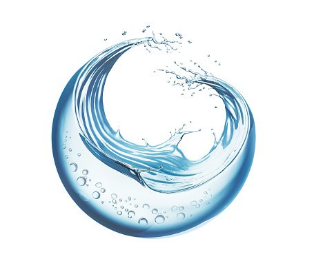 water liquid splash in sphere shape isolated on white background, 3d illustration.