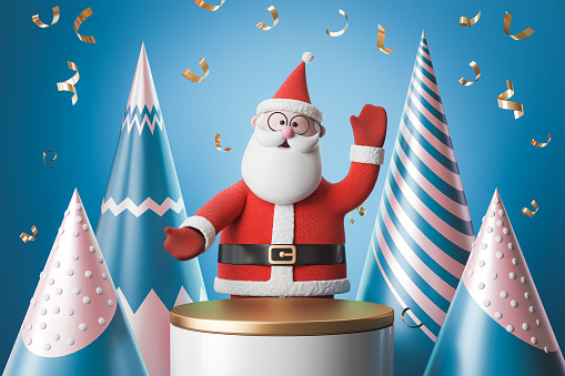 Merry Christmas, Santa Claus, with podium for product display, 3d rendering