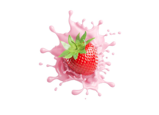 istock milk or yogurt splash with strawberries isolated on white background, 3d rendering. 1437141799