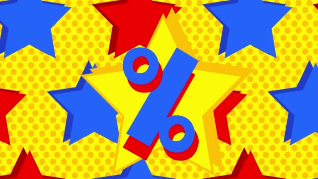 Animated Red Blue Yellow Stars with Percentage Sign. Cartoon animation video.
