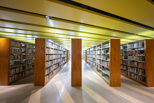 Helsinki, Finland - July 1, 2019: modern interior of The Helsinki Central Library Oodi, public library in Helsinki.