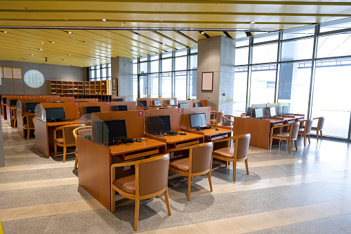 Helsinki, Finland - July 1, 2019: modern interior of The Helsinki Central Library Oodi, public library in Helsinki.