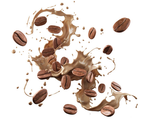 istock Milk coffee splash with Coffee Bean falling, 3d illustration. 1437145017