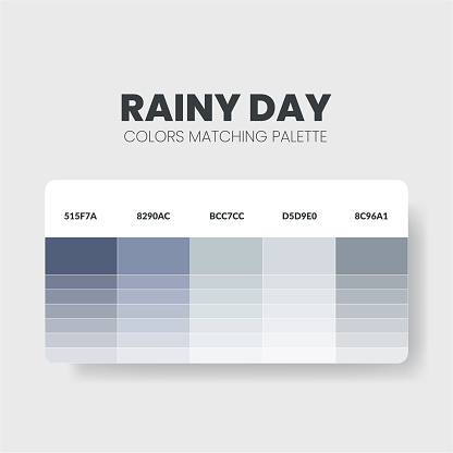 Rainy day color scheme. Color Trends combinations and palette guide. Example of table color shades in RGB and HEX. Color swatch for fashion, home, interiors, design. Colour chart vector. Illustration.