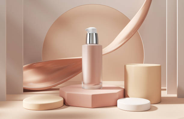 istock Foundation container mockup, cosmetic bottle package design on 3d scene podium background, 3d rendering 1437146442