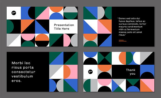 Presentation slide design layouts with abstract geometric graphics — Milo System, IpsumCo Series