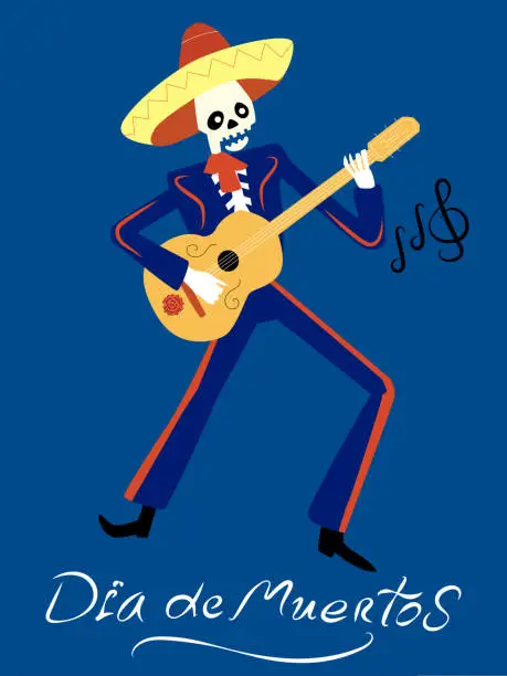 Vector illustration of A full-length skeleton playing a guitar in a sambrero on a blue background.