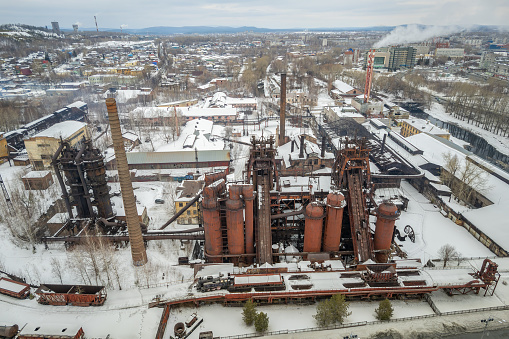 Demidov's old plant in Nizhny Tagil. Old abandoned Metallurgical Plant in winter day. Aerial view. Nizhny Tagil, Russia