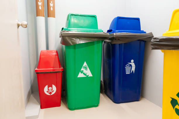 istock Colorful trash dustbin, Red, green, blue and yellow bin for Hazardous, Biodegradable, General and Recyclable waste. recycling management, waste segregation, garbage and rubbish concept 1437153566