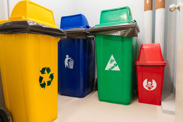 istock Colorful trash dustbin, Red, green, blue and yellow bin for Hazardous, Biodegradable, General and Recyclable waste. recycling management, waste segregation, garbage and rubbish concept 1437153623