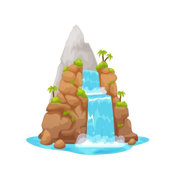 ilustrações de stock, clip art, desenhos animados e ícones de jungle river waterfall, cartoon water cascade - waterfall cartoon tropical rainforest vector