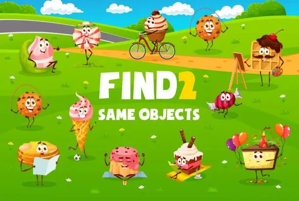 Vector illustration of Find two same cartoon desserts characters game