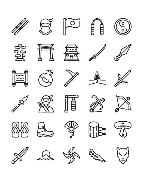 ilustrações, clipart, desenhos animados e ícones de ícone ninja set 30 isolado em fundo branco - dojo