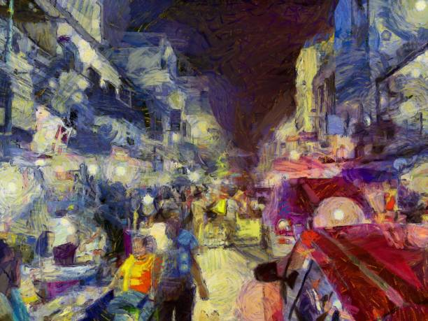 istock Bangkok night market Illustrations creates an impressionist style of painting. 1437158417