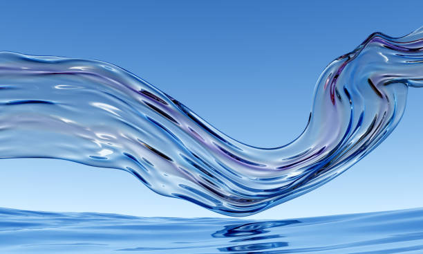 istock 3d abstract glossy wavy background. Transparent glass ribbon flying on water reflection surface.  Iridescent realistic 3d high quality render 1437158422