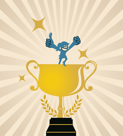 Blue Cartoon Characters Design Vector Art Illustration.
A female champion with a big gold trophy gives a thumbs up.