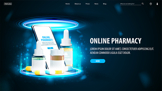 Online pharmacy, blue banner with smartphone and medicine elements inside blue portal made of digital rings in dark empty scene