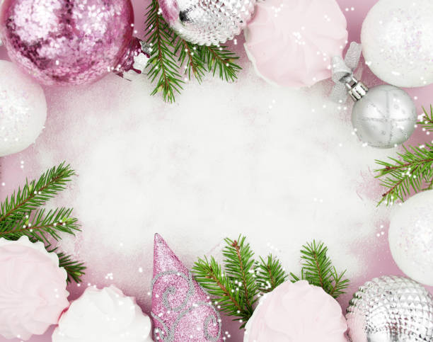 istock Christmas delicate background with shiny decorations. snow flat lay.  Calendar or postcard background 1437169079