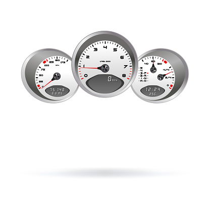 Vector illustration, dashboard car speedometer, steering wheel realistic 3d icon