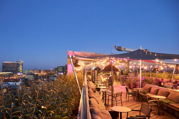 SkyLounge rooftop terrace at night in Amsterdam, The Netherlands.