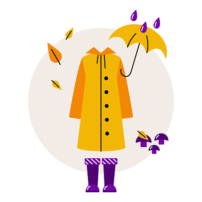 Yellow cloak, rubber boots next to mushrooms. Rain dripping on the umbrella. The leaves are falling. A walk through the rainy forest. Illustration of the autumn mood. Vector illustration