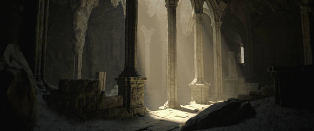 istock 3D illustration rendering. Dark old ruined sanctuary 1437174750