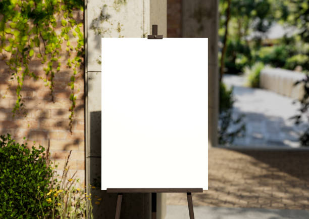 istock White Board, welcome sign, Seating chart Mockup , outdoors. Greeting template with clipping path 1437174999
