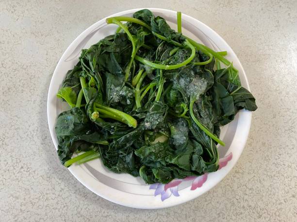 Boiled water spinach stock photo