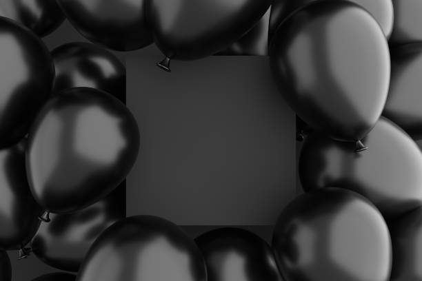 istock Empty blank black sign or frame surrounded with black air balloons. Background or mockup for celebrations, party, greetings and invitations. 1437176791