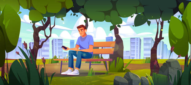 ilustrações de stock, clip art, desenhos animados e ícones de man use mobile phone sitting on bench in city park - using phone garden bench
