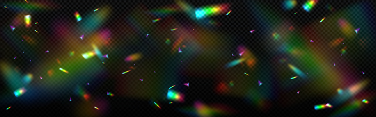 Overlay rainbow effect, prism crystal light refraction. Lens flare, glass, jewelry or gem stone blurred reflection glare, optical physics effect on black background, Realistic 3d vector illustration