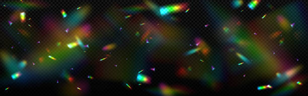 overlay rainbow effect, crystal light refraction Overlay rainbow effect, prism crystal light refraction. Lens flare, glass, jewelry or gem stone blurred reflection glare, optical physics effect on black background, Realistic 3d vector illustration flare stack stock illustrations