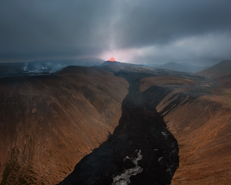 Aerial view on volcanic eruption from 2021 in Iceland (Fagradalsfjall Volcano).