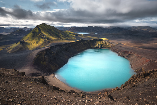 Colorful Blahylur crater lake in the south highlands of Iceland.