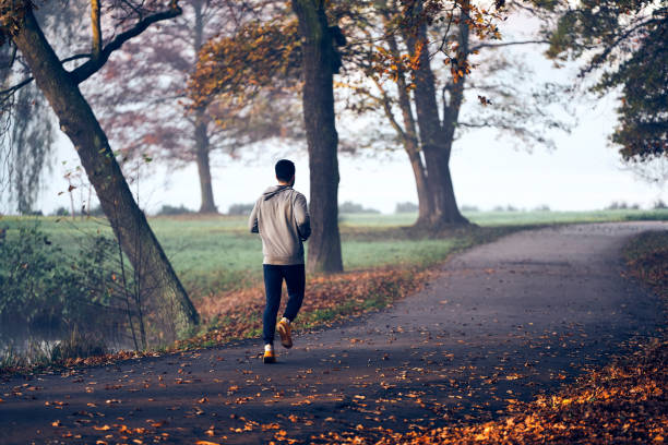 istock Back view of  man running in park on autumn fall  morning 1437178927